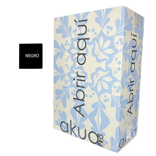 Toalla desechable Negra Box 300 unidades H2oAkua el color predominante es un fondo blanco o crema claro, decorado con un patrón floral en azul claro (tono pervinca). Los textos y logotipos están impresos en color negro H2o Akua