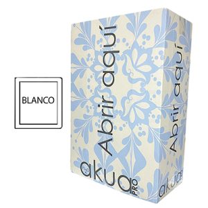 Toalla desechable blanca Box 300 unidades H2oAkua el color predominante es un fondo blanco o crema claro, decorado con un patrón floral en azul claro (tono pervinca). Los textos y logotipos están impresos en color negro H2o Akua