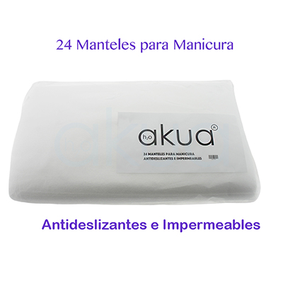 Manteles para manicura H2oAkua 24unid. Se presenta en paquete rectangular de manteles para manicura de la marca Akua, presentados en color blanco y embolsados para mantener su higiene.