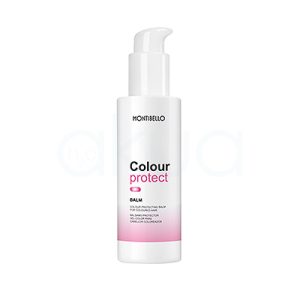 Balsamo cabellos teñidos Colour protect Montibello 150ml. Envase blanco con dispensador tipo dosificador de la línea Montibello Colour Protect Balm. El diseño es elegante y limpio, predominando el blanco con detalles en rosa, y el texto en negro para resaltar el nombre del producto. H2o Akua
