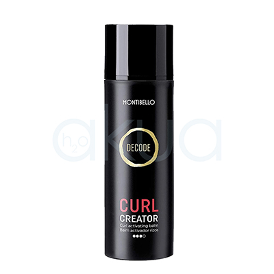 Balsamo activador rizos Curl creator Montibello 150ml. Envase negro cilíndrico con tapa brillante. El diseño se caracteriza por el logo circular dorado con la palabra "DECODE" en el centro y letras rosas y blancas en la parte inferior que identifican el producto como un bálsamo activador de rizos. H2o Akua