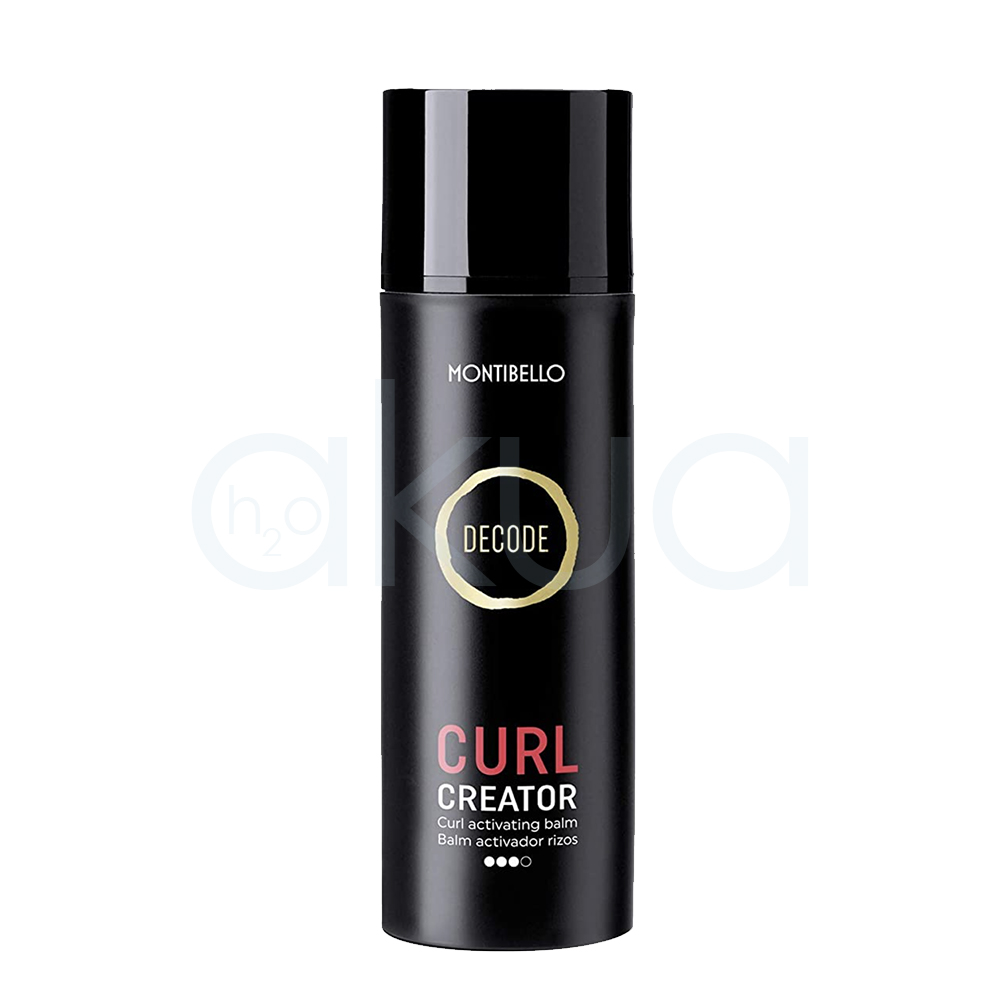 Balsamo activador rizos Curl creator Montibello 150ml. Envase negro cilíndrico con tapa brillante. El diseño se caracteriza por el logo circular dorado con la palabra "DECODE" en el centro y letras rosas y blancas en la parte inferior que identifican el producto como un bálsamo activador de rizos. H2o Akua
