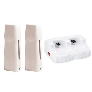 Base cera 2 calentadores y 2 fundidores H2oAkua Sistema profesional de depilación eléctrica con cera en formato roll-on, compuesto por dos calentadores portátiles de color blanco y una base doble con interruptor para recarga simultánea.