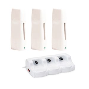 Base cera 3 calentadores y 3 fundidores H2oAkua. Sistema profesional de depilación eléctrica con cera en formato roll-on, compuesto por dos calentadores portátiles de color blanco y una base doble con interruptor para recarga simultánea.