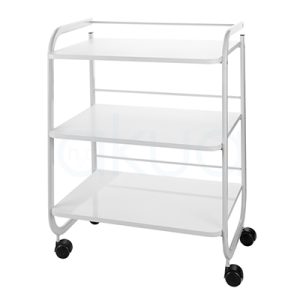 Carrito estetica 3 estantes Stranguiss H2oAkua. El color predominante es blanco, resaltando en toda la estructura y baldas del carrito de servicio, mientras que las ruedas son de color negro.