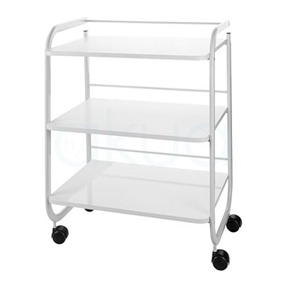 Carrito estetica 3 estantes Stranguiss H2oAkua. El color predominante es blanco, resaltando en toda la estructura y baldas del carrito de servicio, mientras que las ruedas son de color negro.