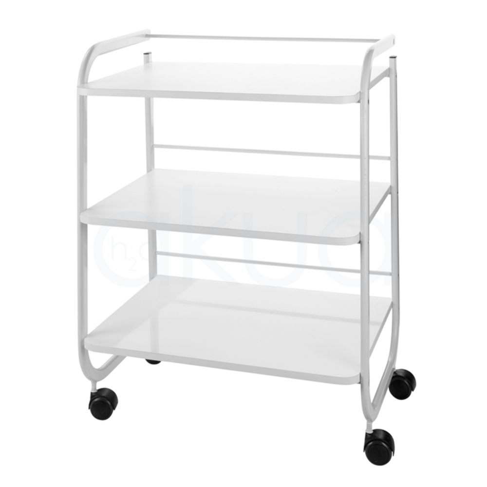 Carrito estetica 3 estantes Stranguiss H2oAkua. El color predominante es blanco, resaltando en toda la estructura y baldas del carrito de servicio, mientras que las ruedas son de color negro.