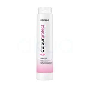 Champu cabellos teñidos Colour Protect Montibello 300ml. El envase es alto y cilíndrico, de color blanco brillante con detalles y texto en negro y rosa; el nombre del producto "Colour protect" destaca en vertical junto al logotipo de Montibello en la parte superior. H2o Akua