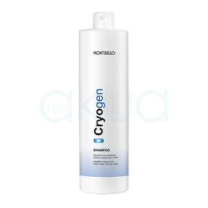 Champu anticaida Cryogen Montibello 1000ml Envase cilíndrico blanco con tapa dosificadora, destacando el nombre "Cryogen" en letras negras y azules verticales en la parte central de la botella, mientras que la parte inferior muestra un degradado en azul claro. H2o Akua