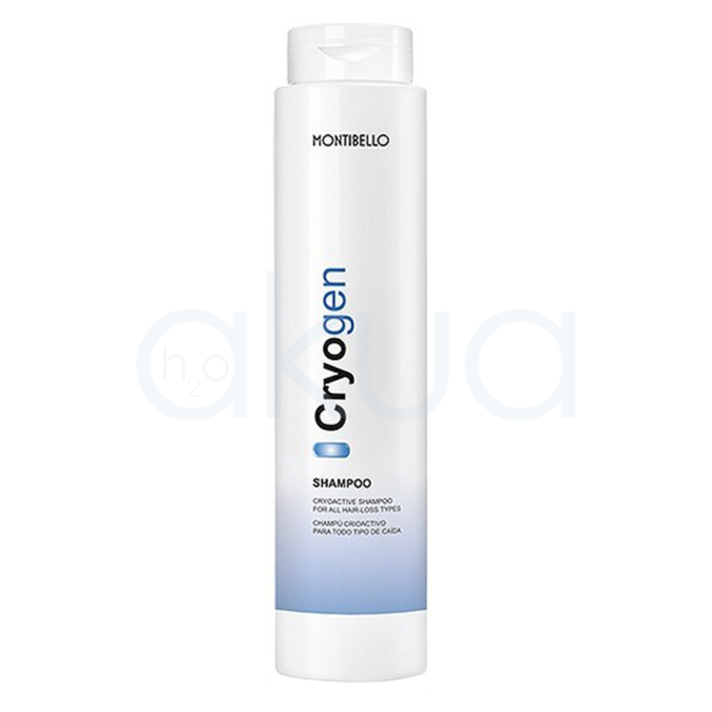 Champu anticaida Cryogen Montibello 300ml. Envase cilíndrico blanco con tapa dosificadora, destacando el nombre "Cryogen" en letras negras y azules verticales en la parte central de la botella, mientras que la parte inferior muestra un degradado en azul claro. H2o Akua