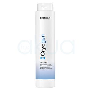 Champu anticaida Cryogen Montibello 300ml. Envase cilíndrico blanco con tapa dosificadora, destacando el nombre "Cryogen" en letras negras y azules verticales en la parte central de la botella, mientras que la parte inferior muestra un degradado en azul claro. H2o Akua