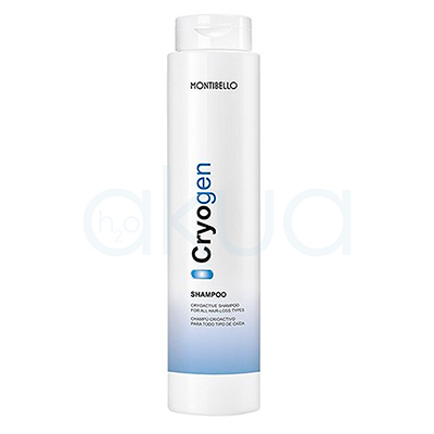 Champu anticaida Cryogen Montibello 300ml. Envase cilíndrico blanco con tapa dosificadora, destacando el nombre "Cryogen" en letras negras y azules verticales en la parte central de la botella, mientras que la parte inferior muestra un degradado en azul claro. H2o Akua
