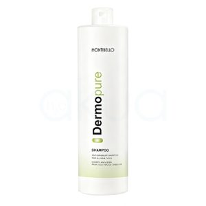 Champu anticaspa dermo pure Montibello 1000ml Envase cilíndrico, alto y vertical, de color blanco con detalles en verde y negro en su etiqueta. La parte inferior tiene una franja verde suave y la marca y modelo aparecen impresos de forma vertical en el centro del envase. H2o Akua
