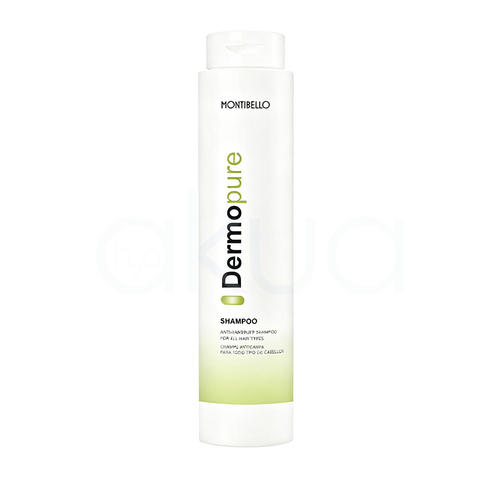 Champu anticaspa dermo pure Montibello 300ml Envase cilíndrico, alto y vertical, de color blanco con detalles en verde y negro en su etiqueta. La parte inferior tiene una franja verde suave y la marca y modelo aparecen impresos de forma vertical en el centro del envase. H2o Akua