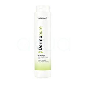 Champu anticaspa dermo pure Montibello 300ml Envase cilíndrico, alto y vertical, de color blanco con detalles en verde y negro en su etiqueta. La parte inferior tiene una franja verde suave y la marca y modelo aparecen impresos de forma vertical en el centro del envase. H2o Akua