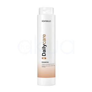 Champu cabello sensible Daily Care Montibello 300ml. Envase cilíndrico blanco y el diseño presenta el nombre “Daily Care” en negro y dorado en vertical, con una banda dorada en la parte inferior. H2o Akua