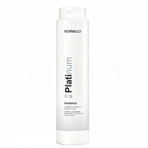 Champu cabellos blancos Platinum Montibello 300ml Envase cilíndrico, alto y vertical, de color blanco brillante, con tapa tipo flip-top en la parte superior. El diseño es minimalista y moderno, con el nombre "Platinum" impreso en vertical en tonos grises y negros, y detalles adicionales de texto en negro en la parte inferior de la etiqueta. H2o Akua