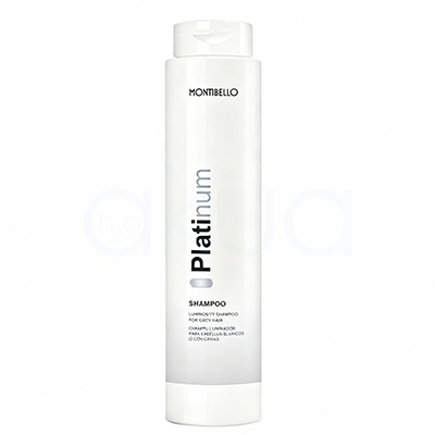 Champu cabellos blancos Platinum Montibello 300ml Envase cilíndrico, alto y vertical, de color blanco brillante, con tapa tipo flip-top en la parte superior. El diseño es minimalista y moderno, con el nombre "Platinum" impreso en vertical en tonos grises y negros, y detalles adicionales de texto en negro en la parte inferior de la etiqueta. H2o Akua