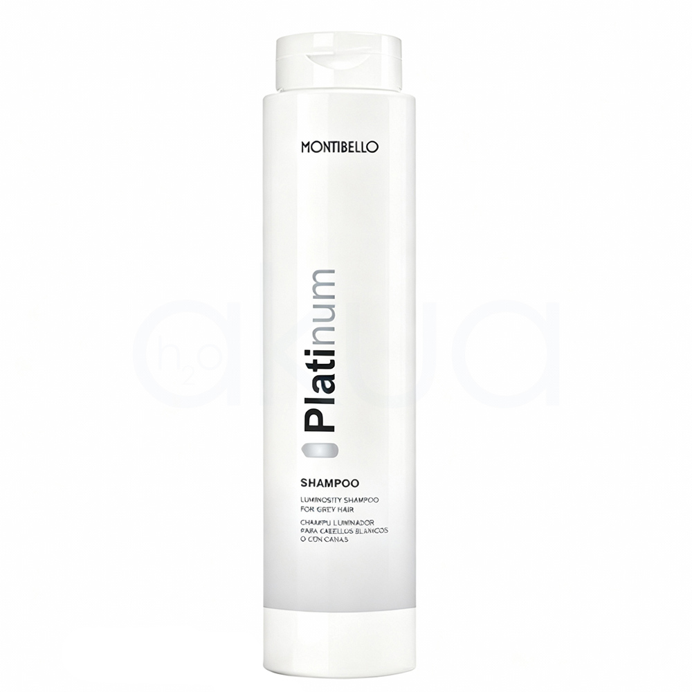 Champu cabellos blancos Platinum Montibello 300ml Envase cilíndrico, alto y vertical, de color blanco brillante, con tapa tipo flip-top en la parte superior. El diseño es minimalista y moderno, con el nombre "Platinum" impreso en vertical en tonos grises y negros, y detalles adicionales de texto en negro en la parte inferior de la etiqueta. H2o Akua