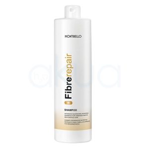 Champu cabellos dañados Fibre Repair Montibello 1000ml. Envase cilíndrico blanco con tapa giratoria y detalles en dorado y negro. H2o Akua