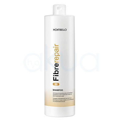 Champu cabellos dañados Fibre Repair Montibello 1000ml. Envase cilíndrico blanco con tapa giratoria y detalles en dorado y negro. H2o Akua