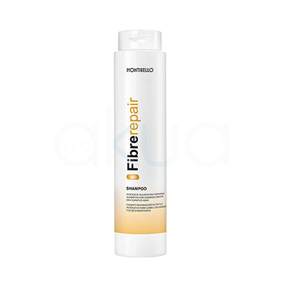 Champu cabellos dañados Fibre Repair Montibello 300ml. Envase cilíndrico blanco con tapa giratoria y detalles en dorado y negro. H2o Akua