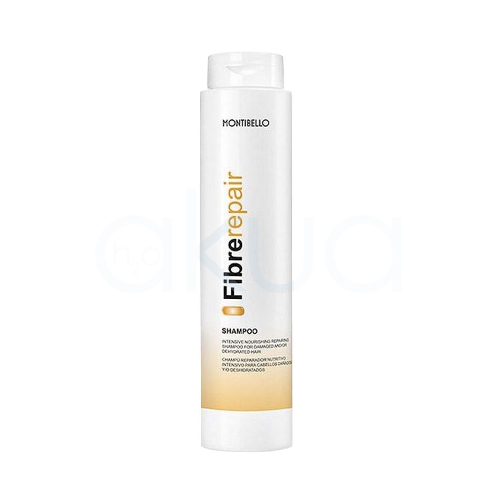 Champu cabellos dañados Fibre Repair Montibello 300ml. Envase cilíndrico blanco con tapa giratoria y detalles en dorado y negro. H2o Akua