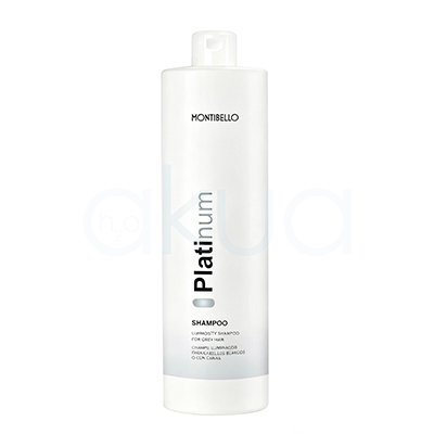 Champu cabellos blancos Platinum Montibello 1000ml Envase cilíndrico, alto y vertical, de color blanco brillante, con tapa tipo flip-top en la parte superior. El diseño es minimalista y moderno, con el nombre "Platinum" impreso en vertical en tonos grises y negros, y detalles adicionales de texto en negro en la parte inferior de la etiqueta. H2o Akua