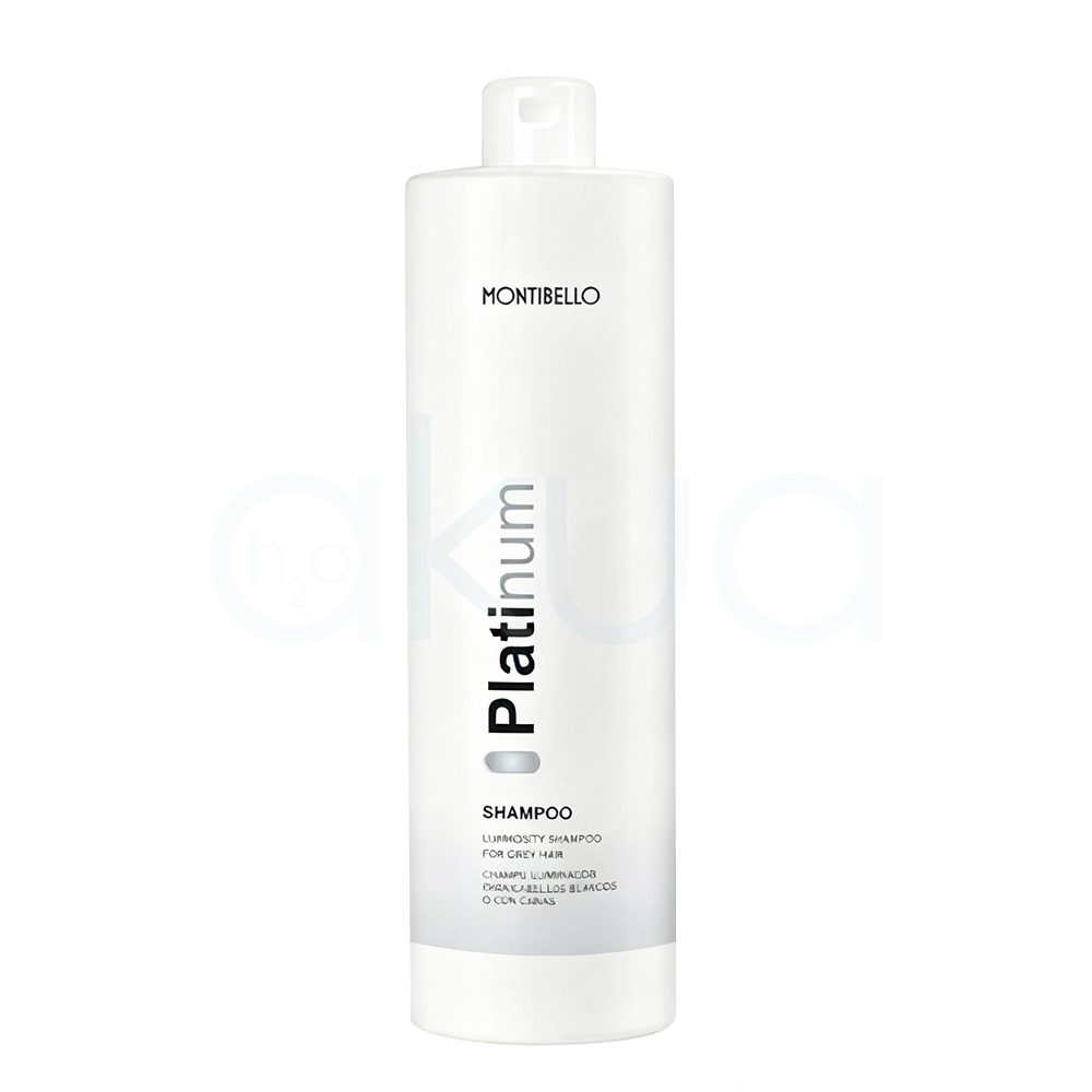 Champu cabellos blancos Platinum Montibello 1000ml Envase cilíndrico, alto y vertical, de color blanco brillante, con tapa tipo flip-top en la parte superior. El diseño es minimalista y moderno, con el nombre "Platinum" impreso en vertical en tonos grises y negros, y detalles adicionales de texto en negro en la parte inferior de la etiqueta. H2o Akua