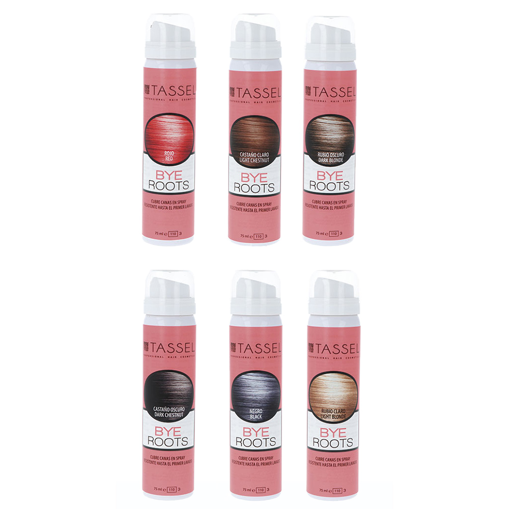 Cubre raices Tassel 75ml. Envase cilíndrico tipo spray. El envase es principalmente de color rosa y blanco. H2o Akua