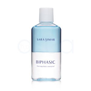 Desmaquillador bifasico sara simar 125ml. Envase transparente de aspecto sencillo, con tapón blanco y líquido dividido en dos fases, una azul en la parte superior y otra clara en la parte inferior. H2o Akua