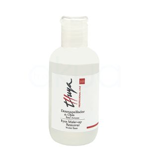 Desmaquillador de ojos con base acuosa thuya 100ml. Se presenta en frasco translúcido con tapa de plástico transparente y etiqueta en blanco con inscripciones en negro y rojo. H2o Akua
