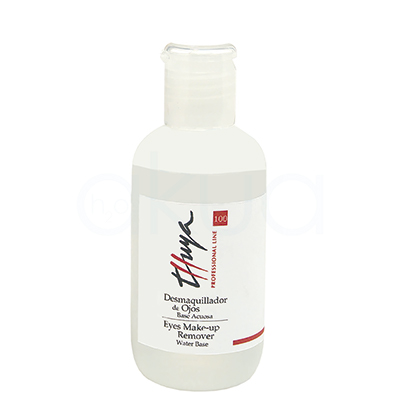 Desmaquillador de ojos con base acuosa thuya 100ml. Se presenta en frasco translúcido con tapa de plástico transparente y etiqueta en blanco con inscripciones en negro y rojo. H2o Akua