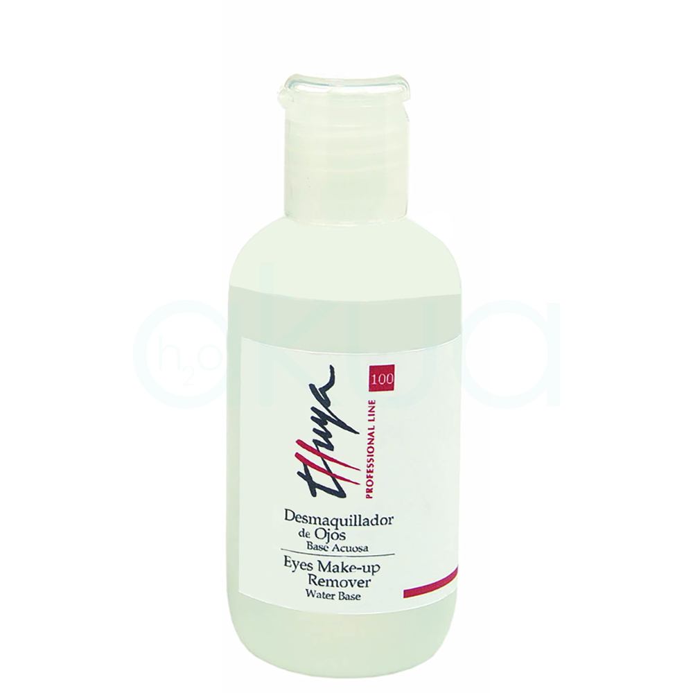 Desmaquillador de ojos con base acuosa thuya 100ml. Se presenta en frasco translúcido con tapa de plástico transparente y etiqueta en blanco con inscripciones en negro y rojo. H2o Akua