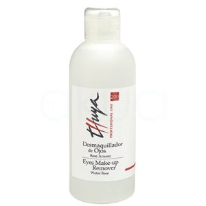 Desmaquillador de ojos con base acuosa Thuya 200ml. Se presenta en frasco translúcido con tapa de plástico transparente y etiqueta en blanco con inscripciones en negro y rojo. H2o Akua