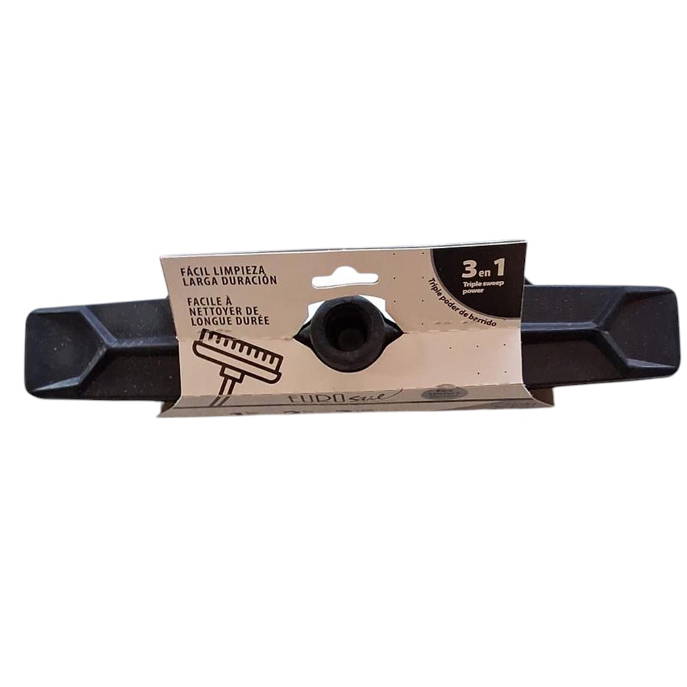 Escoba de goma negra Eurostil. El color predominante de la imagen es negro. El artículo exhibido, un cabezal de escoba de púas para peluquería o limpieza profesional, es completamente negro en todas sus piezas y cerdas. H2o Akua