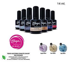 Esmalte Semipermanente gel Glitter Thuya On Off Color 14ml Se observan varios frascos negros alineados, cada uno con la etiqueta de "Thuya Gel On-Off", indicando variedad de colores y acabados profesionales H2o Akua