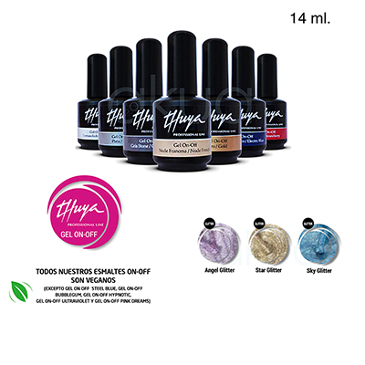 Esmalte Semipermanente gel Glitter Thuya On Off Color 14ml Se observan varios frascos negros alineados, cada uno con la etiqueta de "Thuya Gel On-Off", indicando variedad de colores y acabados profesionales H2o Akua