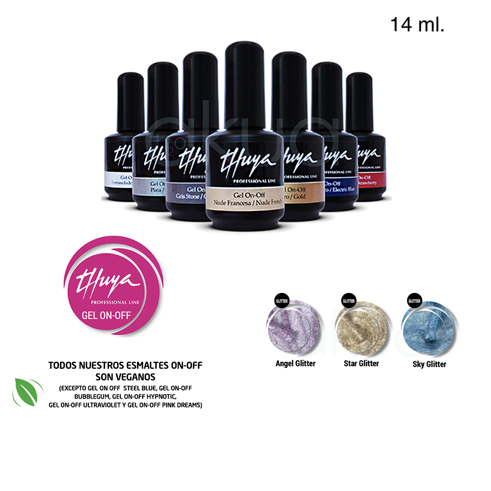 Esmalte Semipermanente gel Glitter Thuya On Off Color 14ml Se observan varios frascos negros alineados, cada uno con la etiqueta de "Thuya Gel On-Off", indicando variedad de colores y acabados profesionales H2o Akua