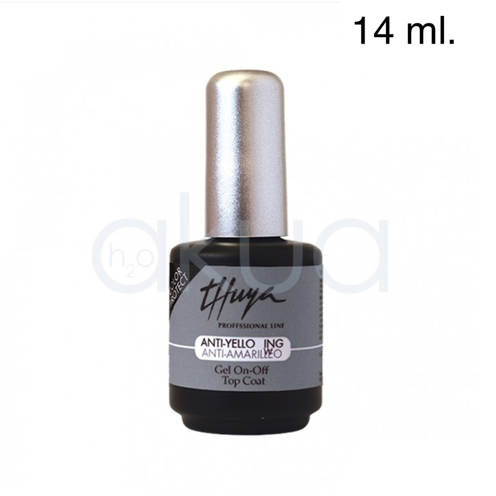 Esmalte anti amarilleo Thuya 14ml. Envase con tapa metálica plateada y etiqueta gris con negro. H2o Akua
