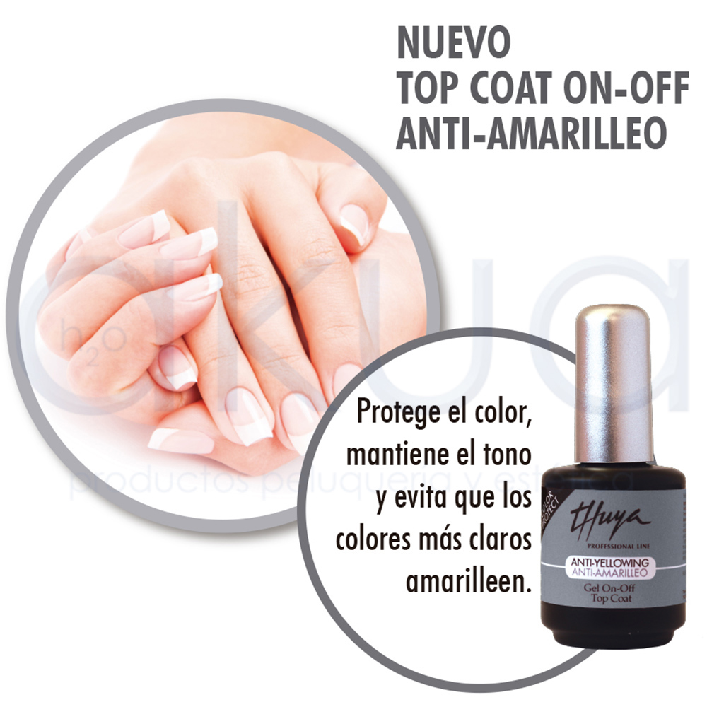 Esmalte anti amarilleo Thuya 14ml. Envase con tapa metálica plateada y etiqueta gris con negro. H2o Akua
