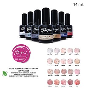 Esmalte semipermanente Gel Thuya on off color 14ml 1. Se observan varios frascos negros alineados, cada uno con la etiqueta de "Thuya Gel On-Off", indicando variedad de colores y acabados profesionales H2o Akua