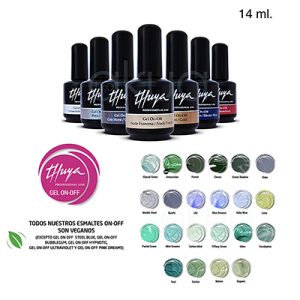 Esmalte semipermanente Gel Thuya on off color 14ml 3. Se observan varios frascos negros alineados, cada uno con la etiqueta de "Thuya Gel On-Off", indicando variedad de colores y acabados profesionales H2o Akua