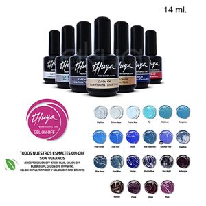 Esmalte semipermanente Gel Thuya on off color 14ml 4. Se observan varios frascos negros alineados, cada uno con la etiqueta de "Thuya Gel On-Off", indicando variedad de colores y acabados profesionales H2o Akua
