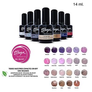 Esmalte semipermanente Gel Thuya on off color 14ml 5. Se observan varios frascos negros alineados, cada uno con la etiqueta de "Thuya Gel On-Off", indicando variedad de colores y acabados profesionales H2o Akua