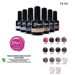 Esmalte semipermanente Gel Thuya on off color 14ml 6. Se observan varios frascos negros alineados, cada uno con la etiqueta de "Thuya Gel On-Off", indicando variedad de colores y acabados profesionales H2o Akua