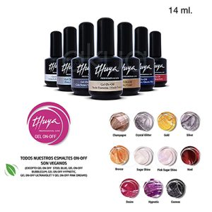 Esmalte semipermanente Gel Thuya on off color 14ml 7. Se observan varios frascos negros alineados, cada uno con la etiqueta de "Thuya Gel On-Off", indicando variedad de colores y acabados profesionales H2o Akua