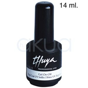 Esmalte semipermanente Gel Thuya top coat on off UV brillo 14ml El envase es de color negro con una etiqueta blanca que indica el nombre y uso del producto. H2o Akua