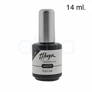 Esmalte semipermanente Top coat matte Thuya 14ml. Se presenta en envase negro y gris con tapa plateada. H2o Akua