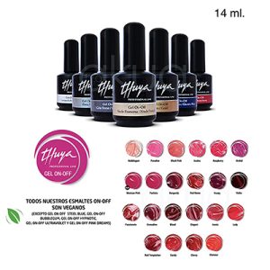 Esmalte semipermanente Gel Thuya on off color 14ml 2. Se observan varios frascos negros alineados, cada uno con la etiqueta de "Thuya Gel On-Off", indicando variedad de colores y acabados profesionales H2o Akua